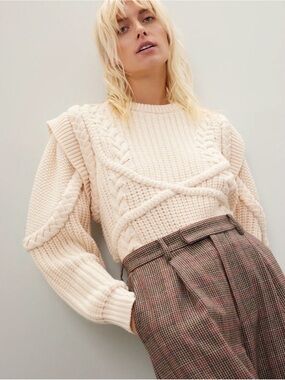 Ronny Kobo Braided Cream Cable-Knit Ruffle Shoulder Pullover Sweater